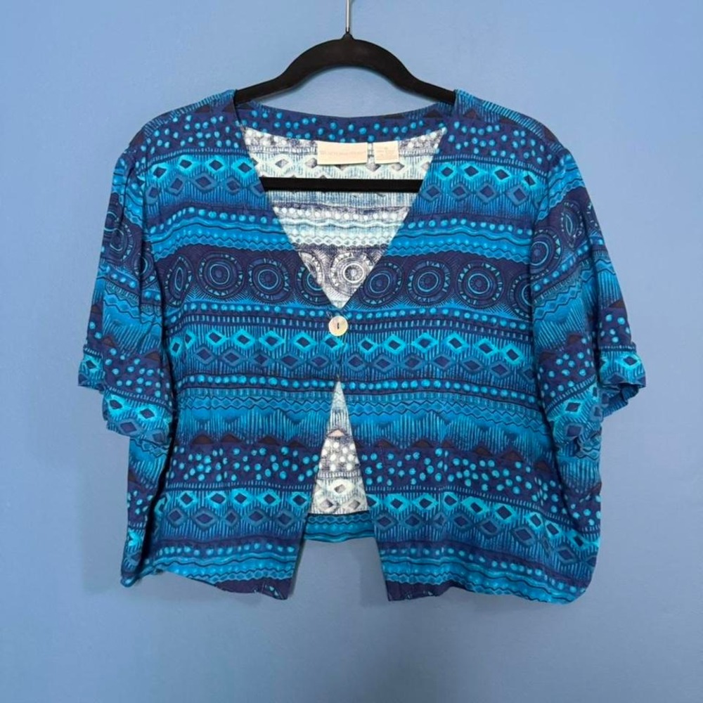 Vintage 90s Shrug Women's Plus Size 16 Worthington Blue Stripe Pattern Boho